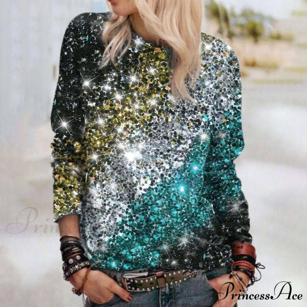 Y2k Sequins Gemstone Print Long Sleeves O-neck Pullover 2 / S