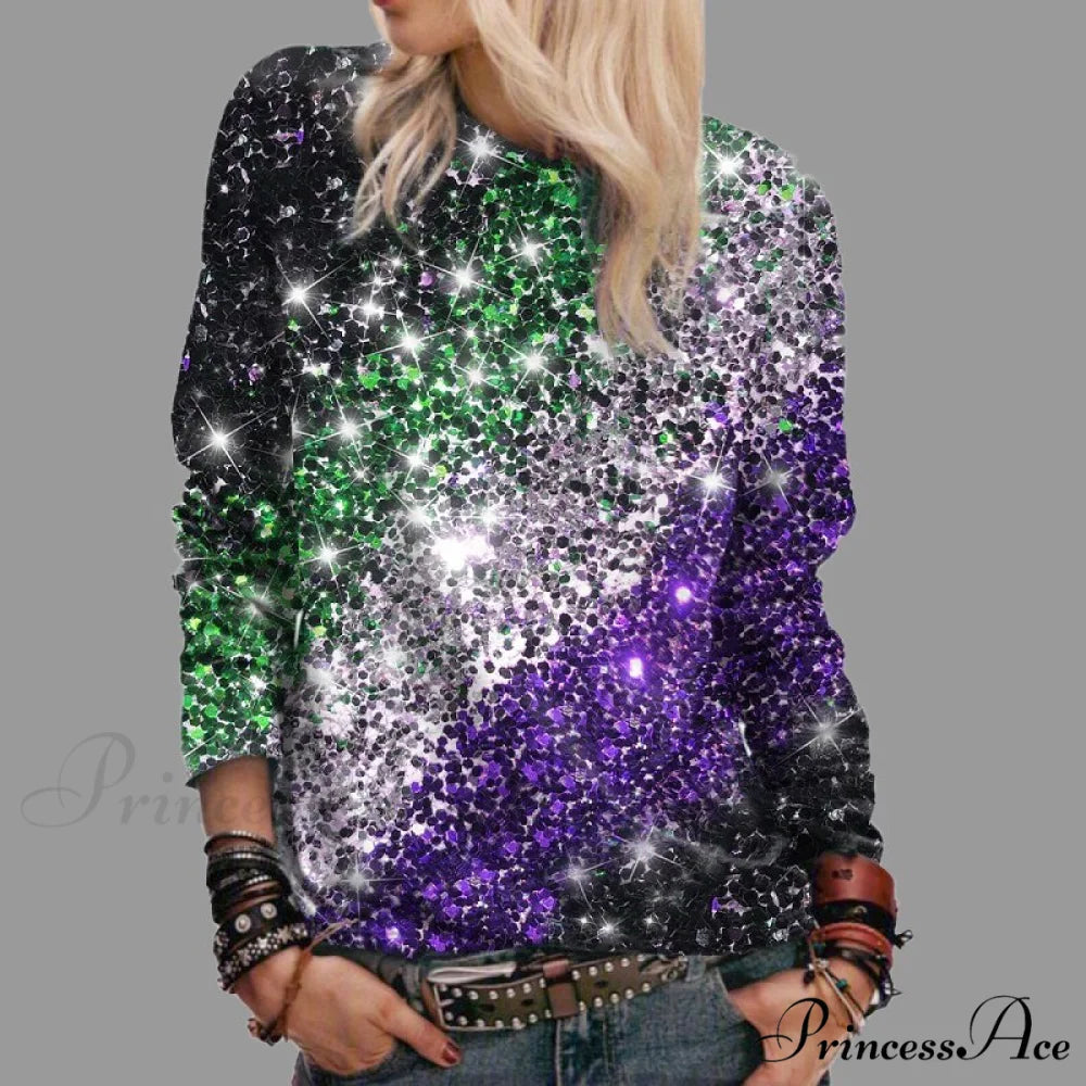 Y2k Sequins Gemstone Print Long Sleeves O-neck Pullover