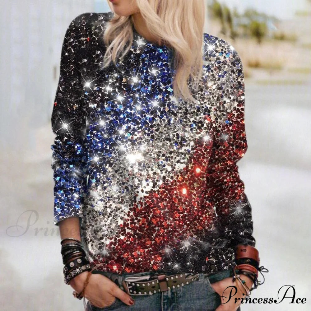 Y2k Sequins Gemstone Print Long Sleeves O-neck Pullover 3 / S