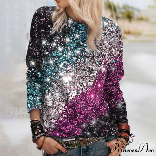 Y2k Sequins Gemstone Print Long Sleeves O-neck Pullover 4 / S