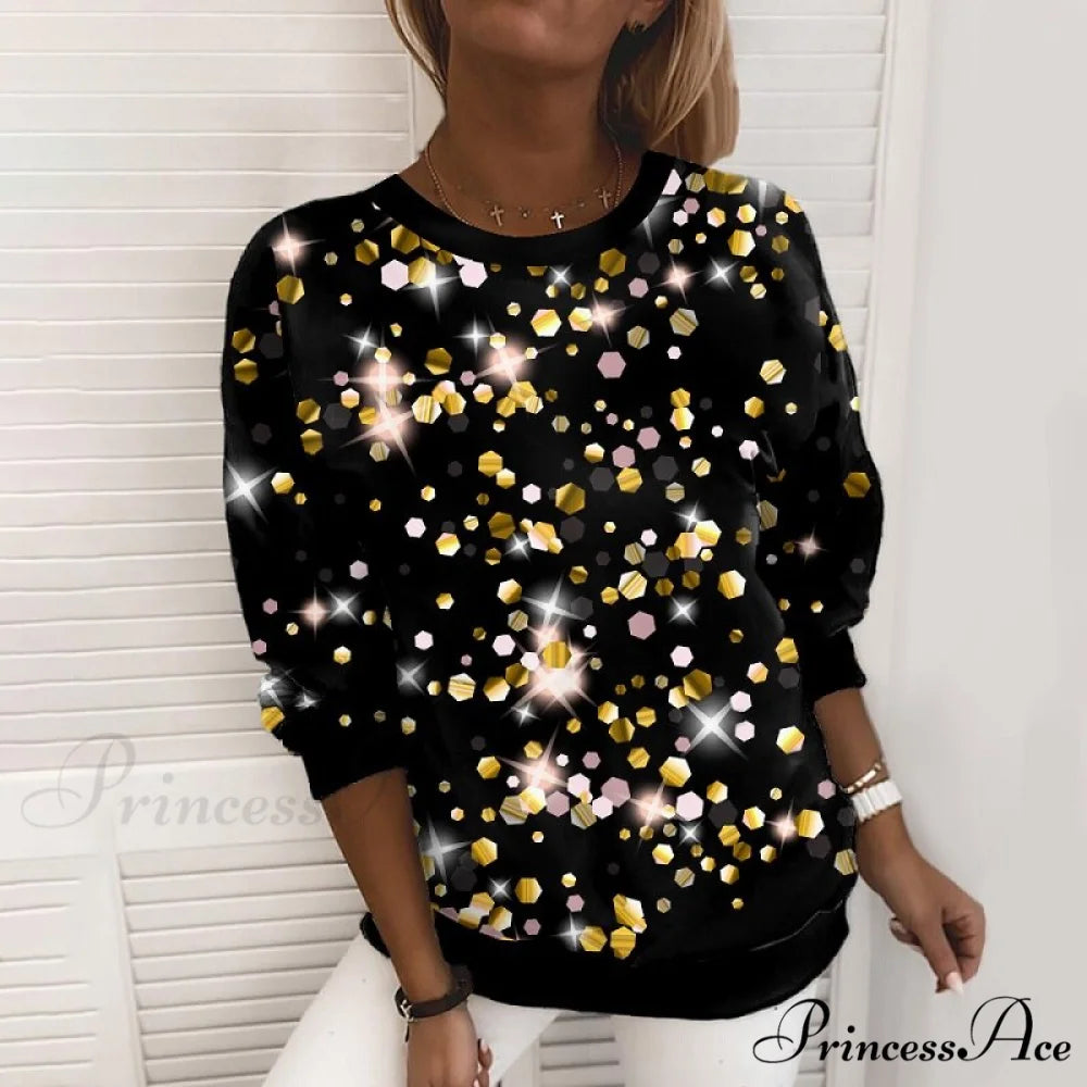 Y2k Sequins Gemstone Print Long Sleeves O-neck Pullover 5 / S