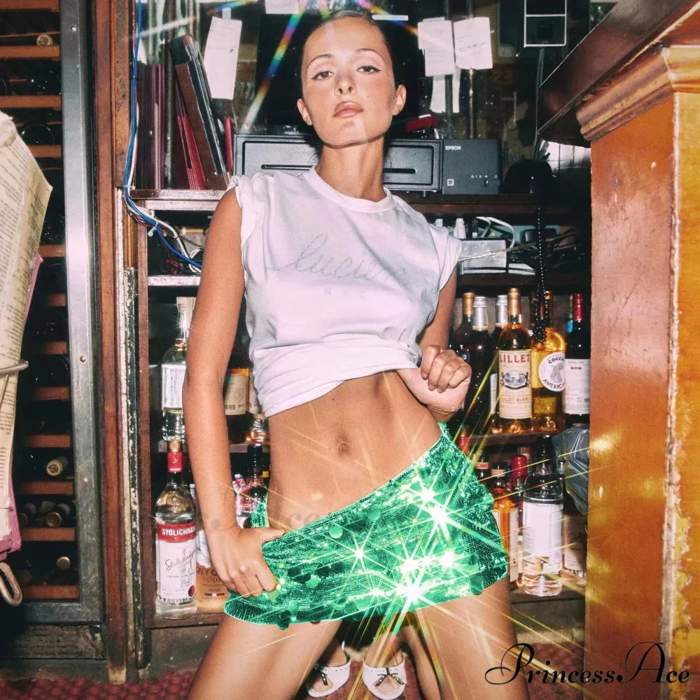 Y2K Sequins Pencil Mini Shiny Club Skirt Green / S