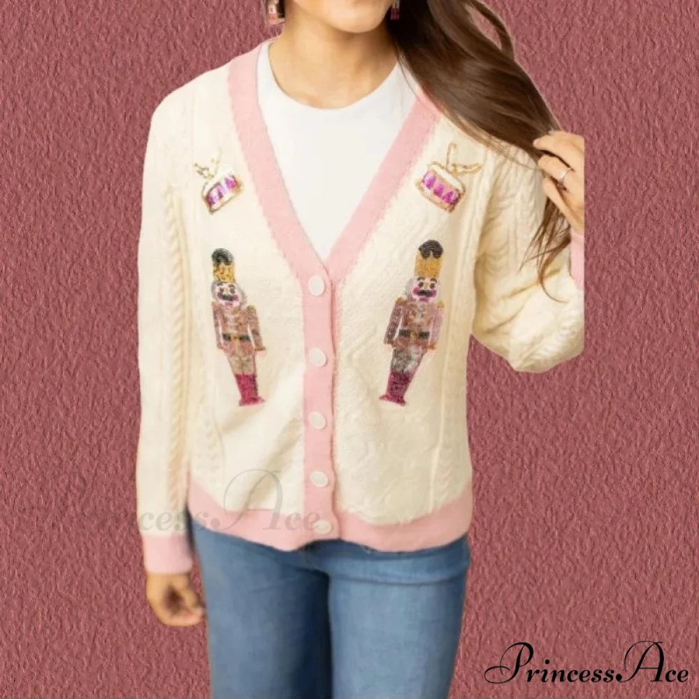 Y2K Sequins V-neck Single Breasted Cardigan BEIGE / S