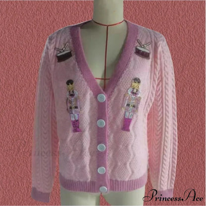 Y2K Sequins V-neck Single Breasted Cardigan PINK / S