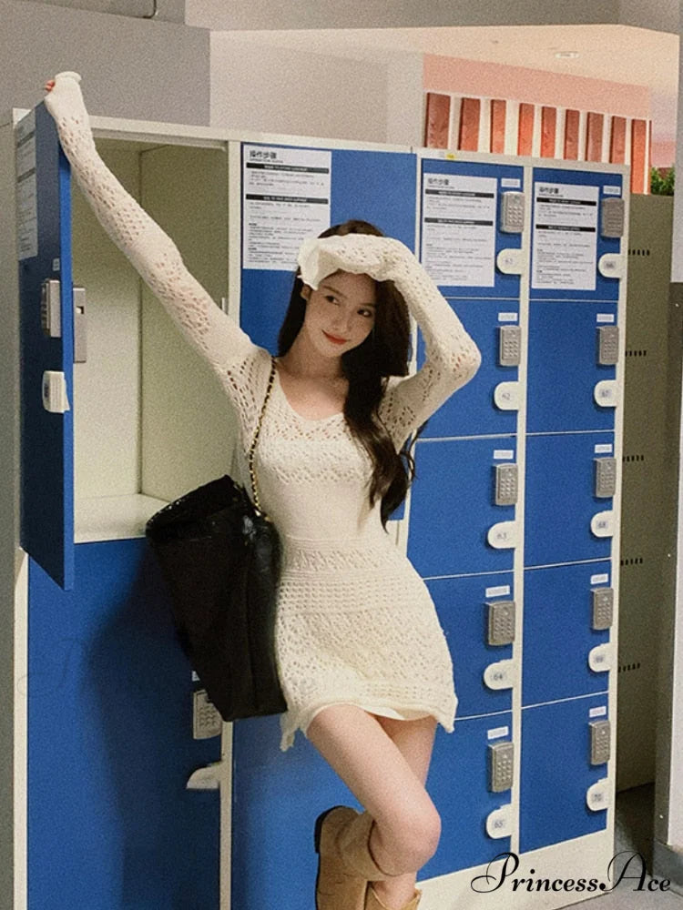 Y2k Sexy Gown Korea Mini Slim Brief Fashion Elegant Long Arm Gown Lace Party Knitted Women Gown Vintage