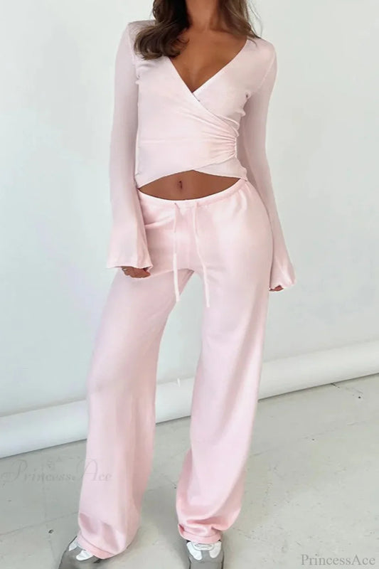 Y2K Sexy V-Neck Fitted Top Casual Pants Two Piece Set