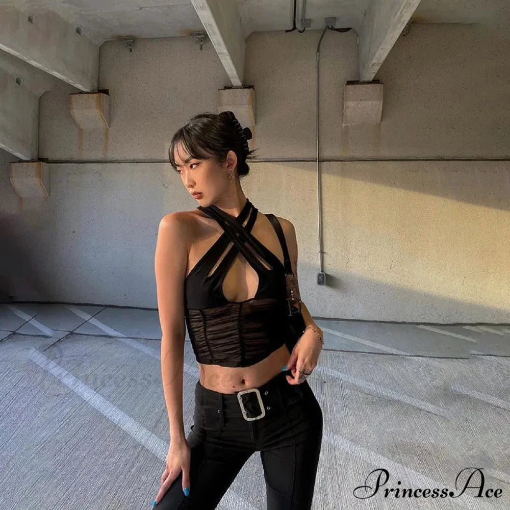 Y2K Sexy Women Halter Sleeveless Ruched Patchwork Mesh Camisole Clubwear Fashion Solid Vest Outfit Tank top