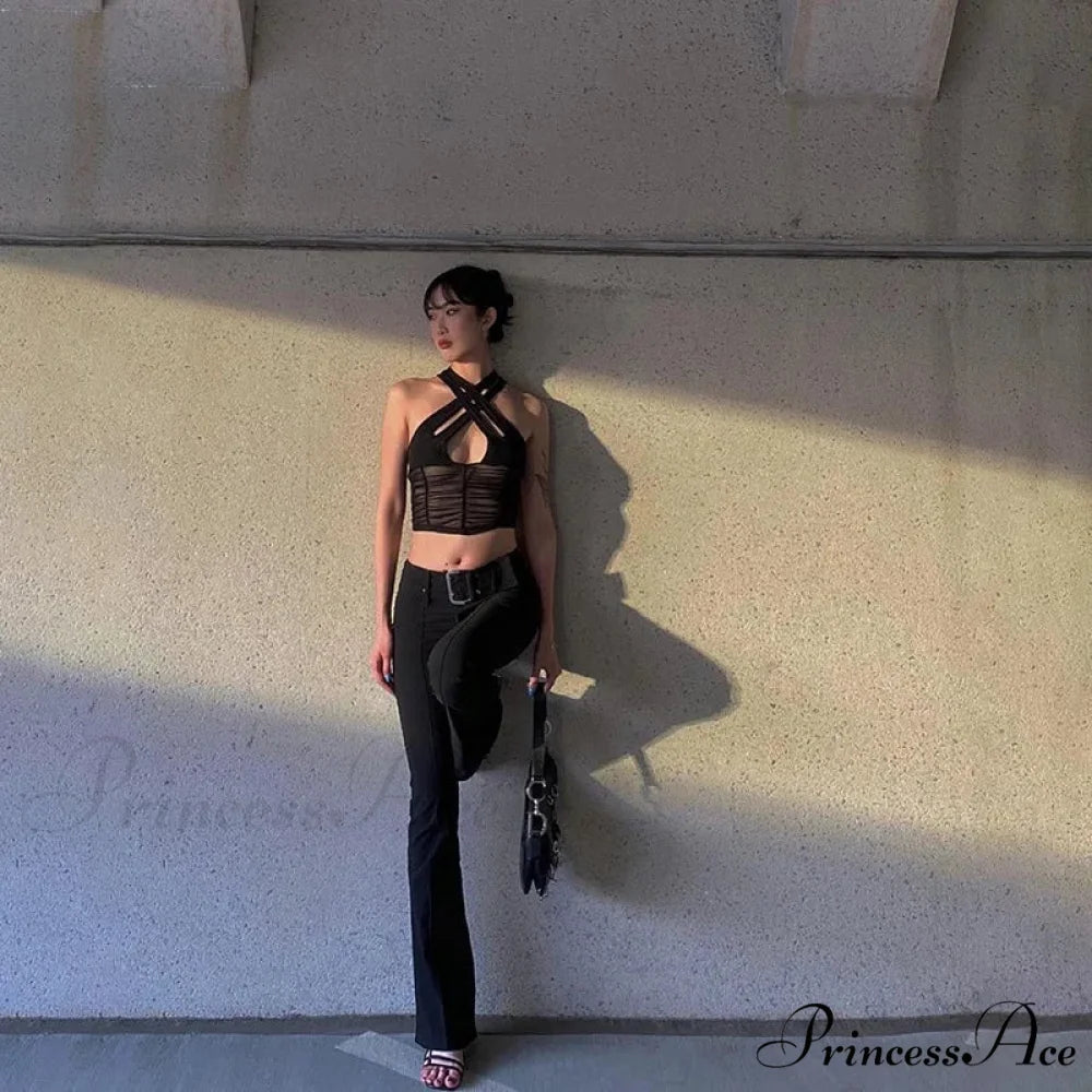 Y2K Sexy Women Halter Sleeveless Ruched Patchwork Mesh Camisole Clubwear Fashion Solid Vest Outfit Tank top