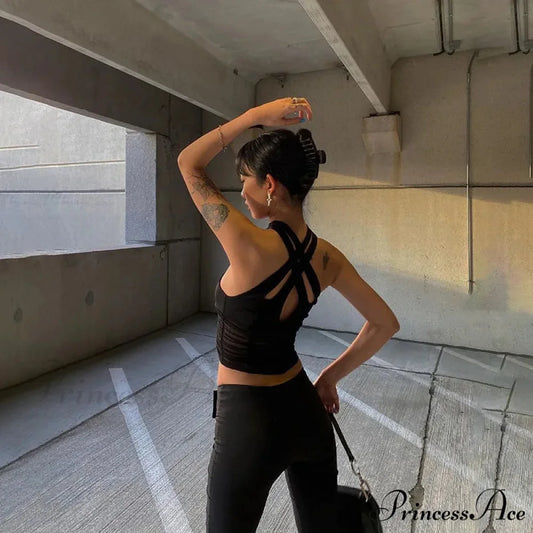 Y2K Sexy Women Halter Sleeveless Ruched Patchwork Mesh Camisole Clubwear Fashion Solid Vest Outfit Tank top