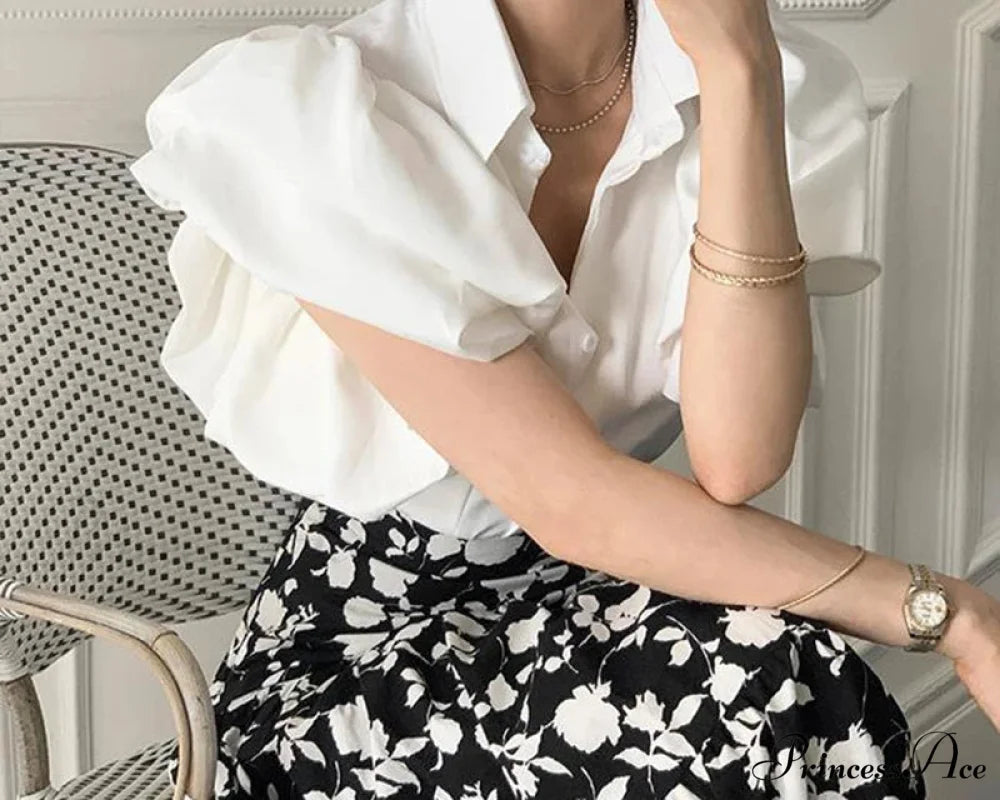 Y2K Sheer Black Puff Sleeve Informal Korean Blouse WHITE / S blouse-250126