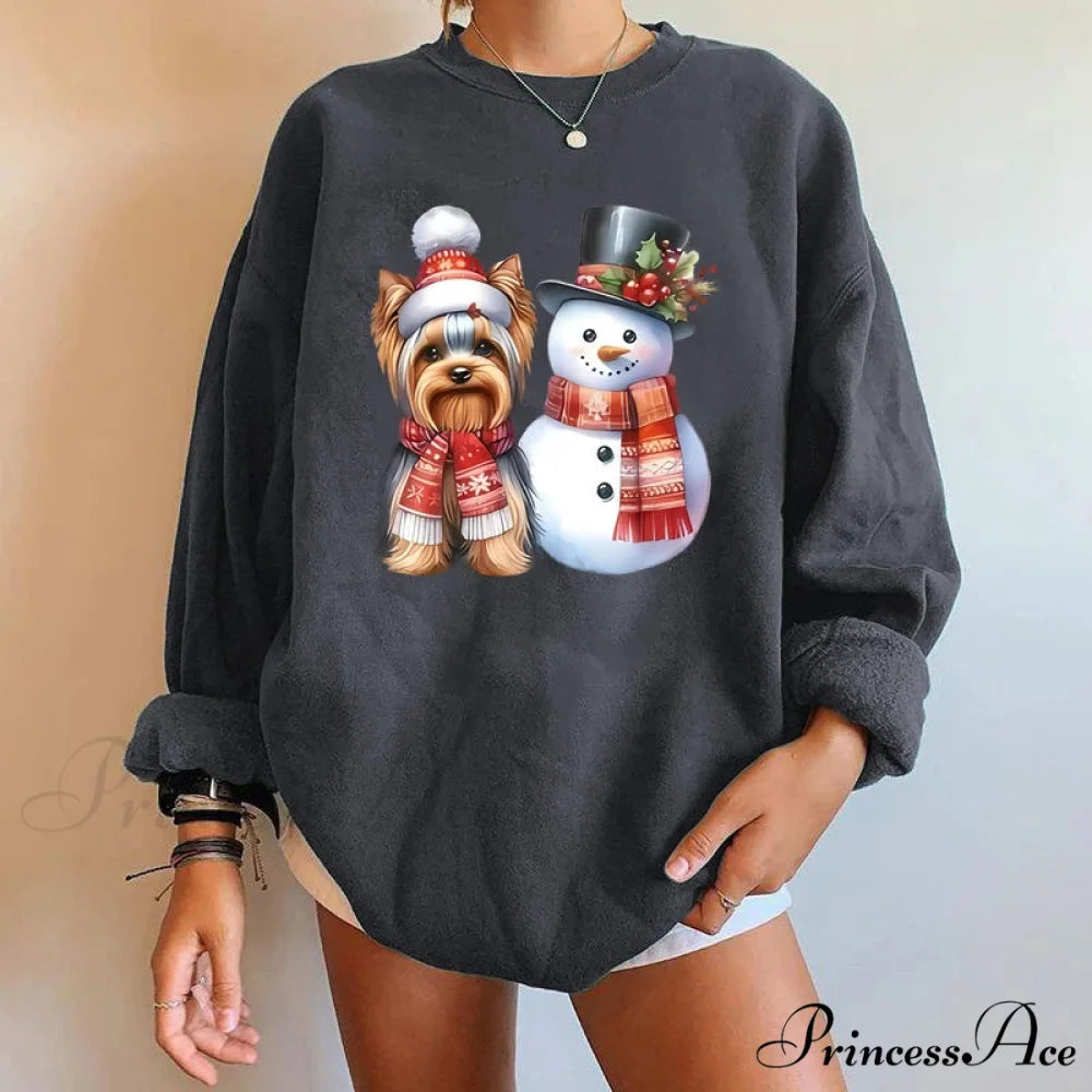 Y2K Snowman Dog Printed Christmas Hoodie Dark Grey / S Christmas Hoodies-L