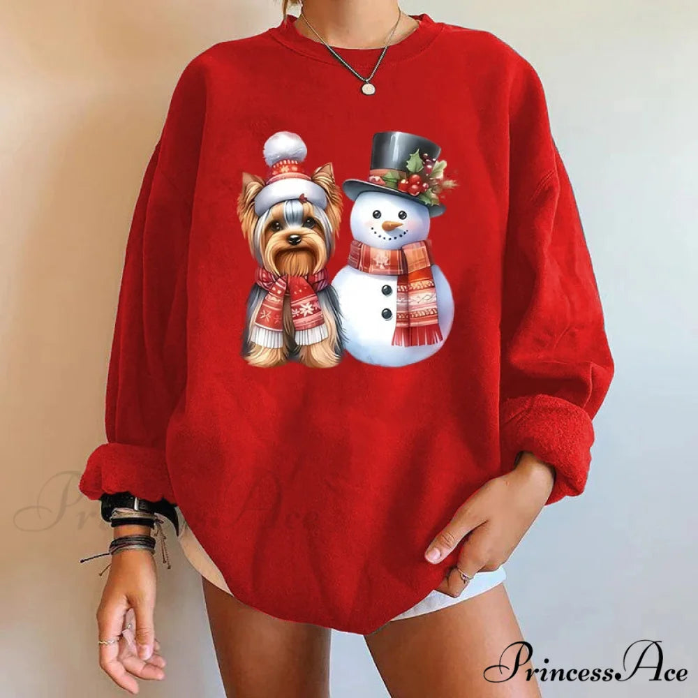 Y2K Snowman Dog Printed Christmas Hoodie red / S Christmas Hoodies-L