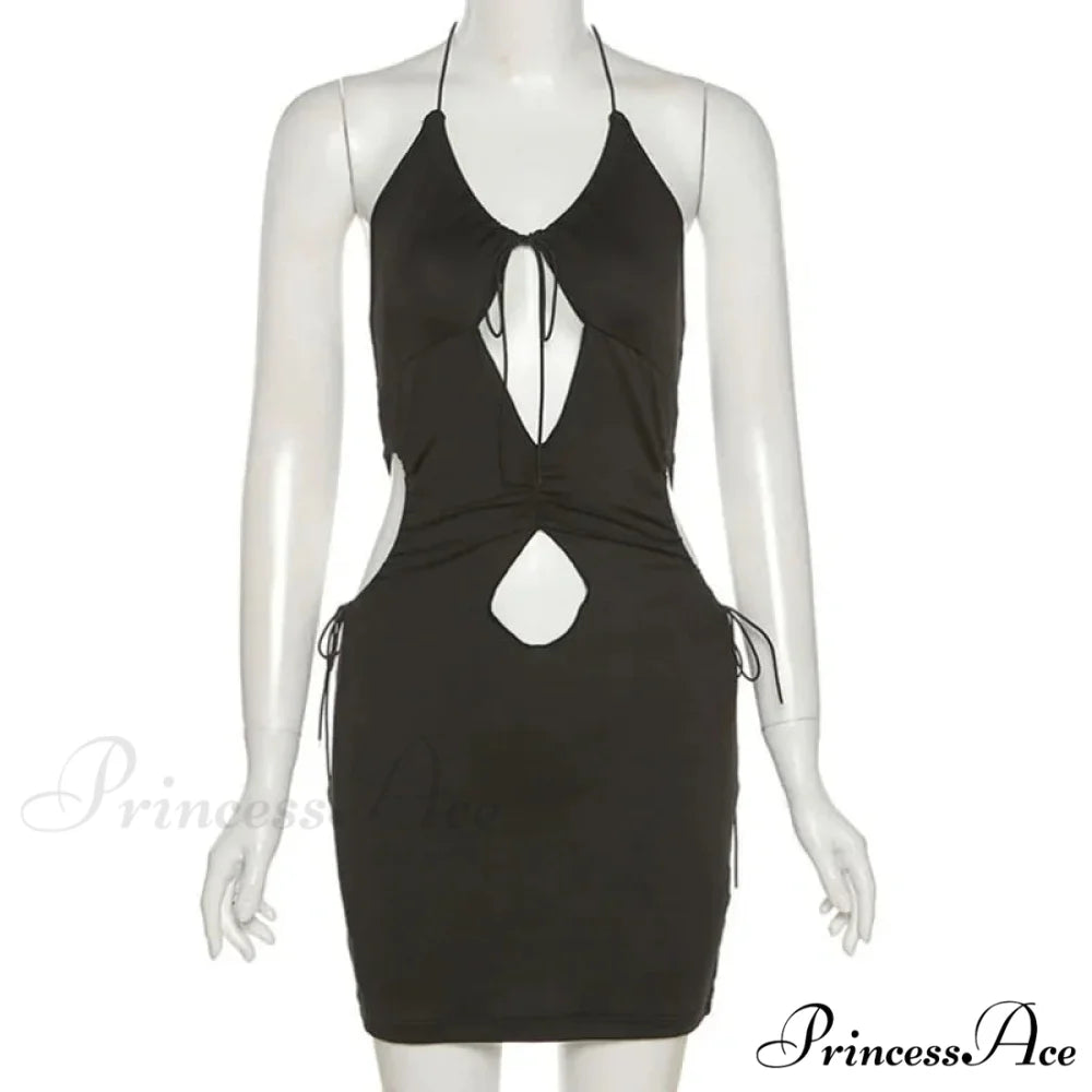 Y2K Solid Hollow Out Mini Club Night Wrap Summer Vestidos Para Mujer Elegant Cut Out Dress Black / S