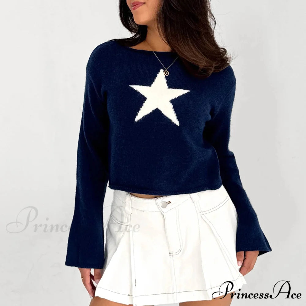 Y2K Star Print Airy Crewneck Cropped Knit Pullover Top knittop-250126