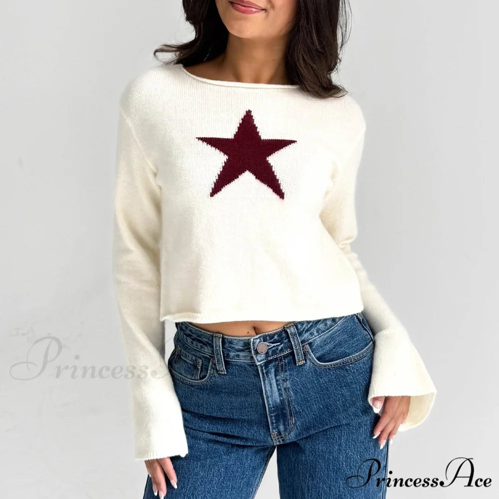 Y2K Star Print Airy Crewneck Cropped Knit Pullover Top knittop-250126