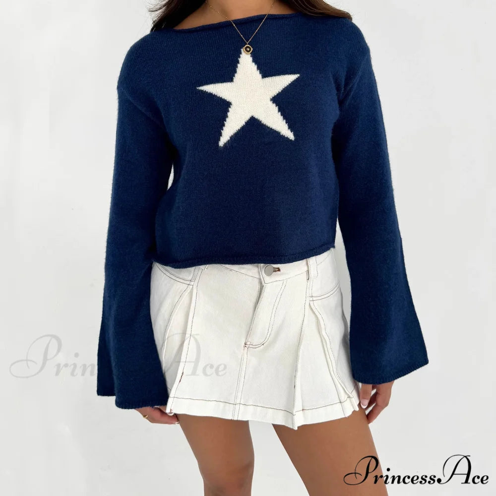 Y2K Star Print Airy Crewneck Cropped Knit Pullover Top Navy Blue / S knittop-250126