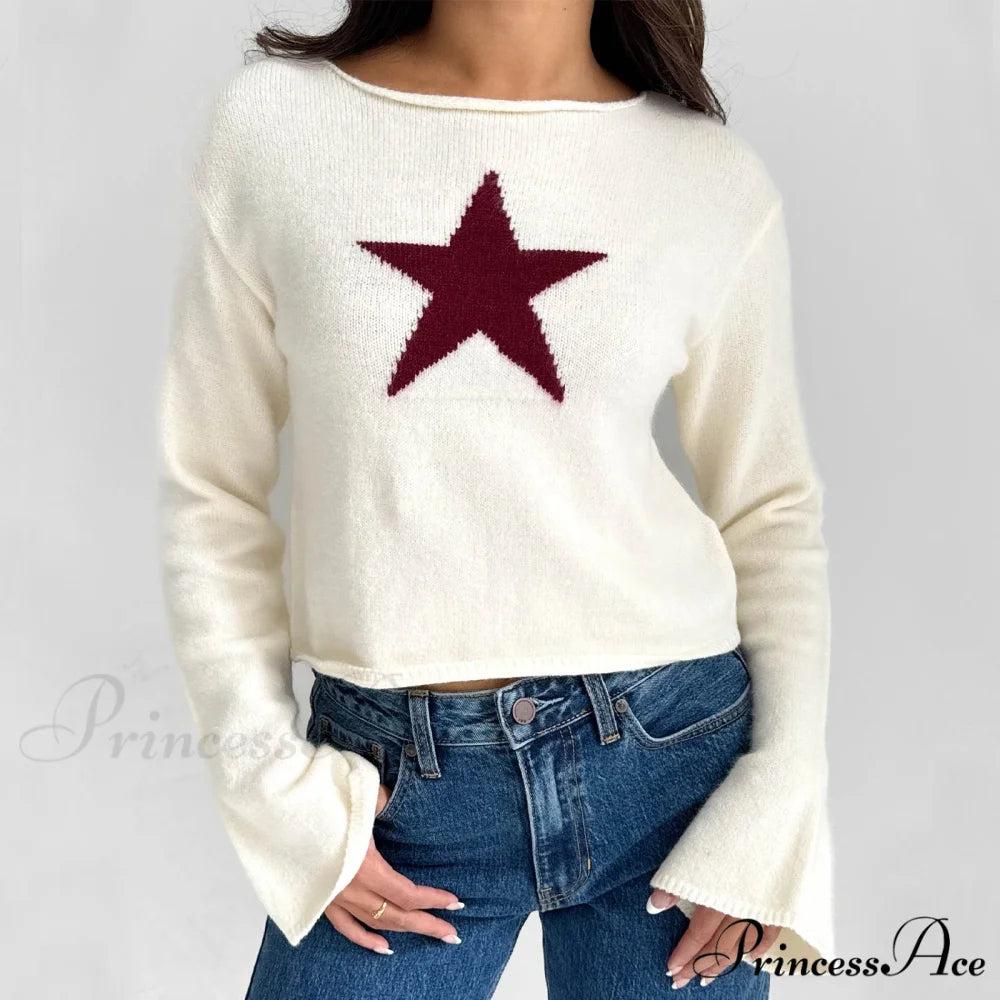 Y2K Star Print Airy Crewneck Cropped Knit Pullover Top WHITE / S knittop-250126