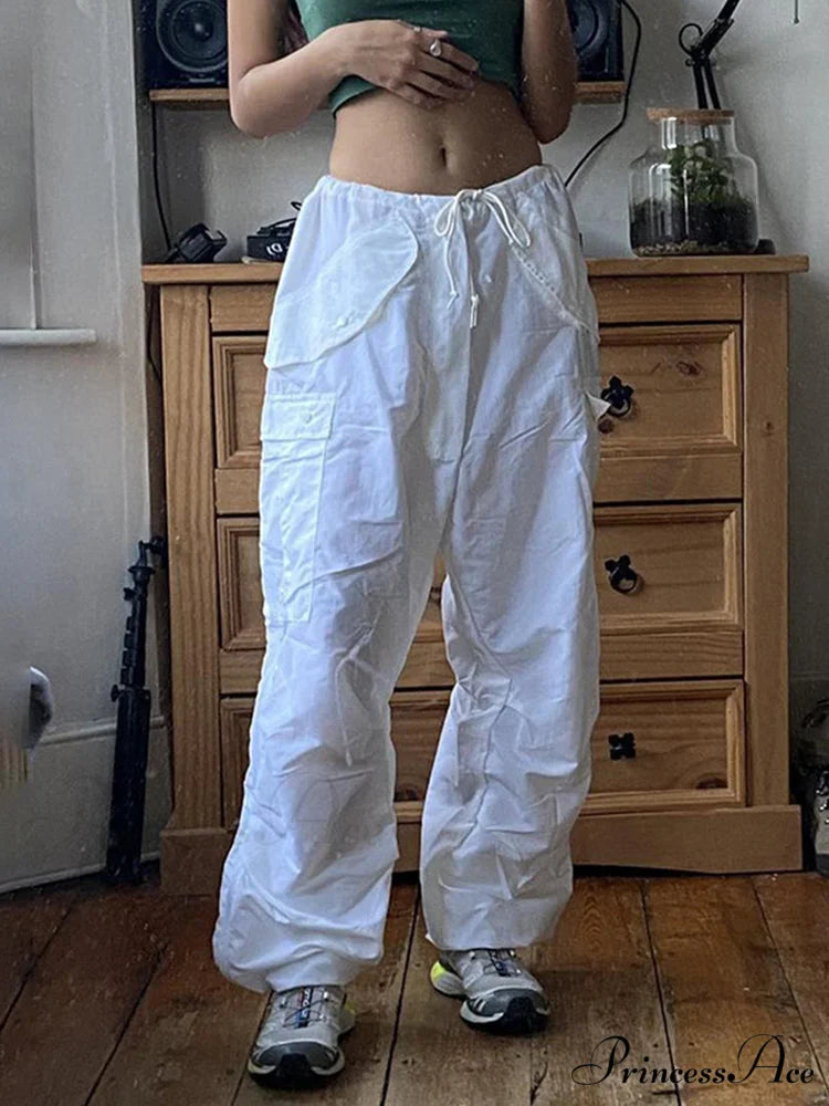 Y2K Streetwear Baggy Cargo Pants white4 / S