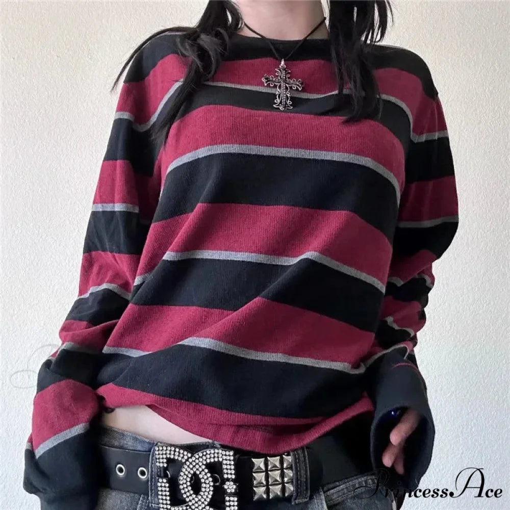 Y2k Stripe Graphic Slim Grunge Extended Sleeve Knit Top Red / S knittop-250126