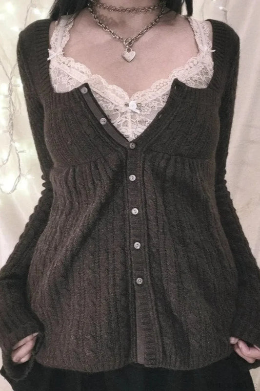 Y2K Sweet Square Neck Cable Knit Button Blouse