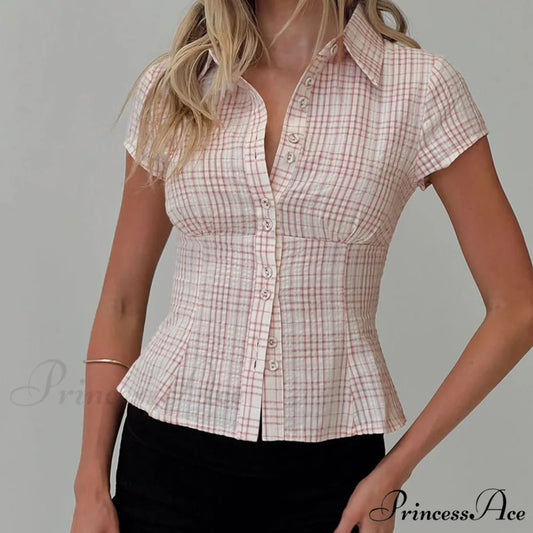 Y2K Tartan Button Down Short Sleeve Blouse Pink / S blouse-250223