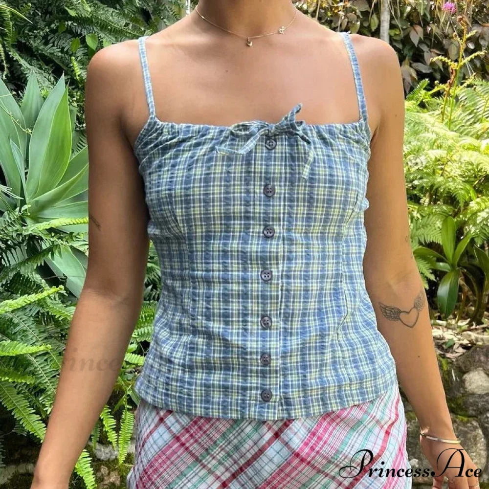 Y2K Tartan Print Sleeveless 00s Aesthetic Front Button Vintage Backless Slim Fit Crop Top BLUE / S croptop-250126