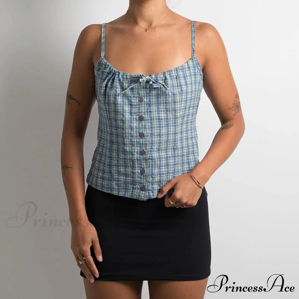 Y2K Tartan Print Sleeveless 00s Aesthetic Front Button Vintage Backless Slim Fit Crop Top croptop-250126