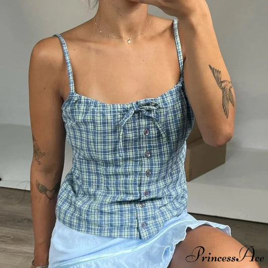 Y2K Tartan Print Sleeveless 00s Aesthetic Front Button Vintage Backless Slim Fit Crop Top croptop-250126