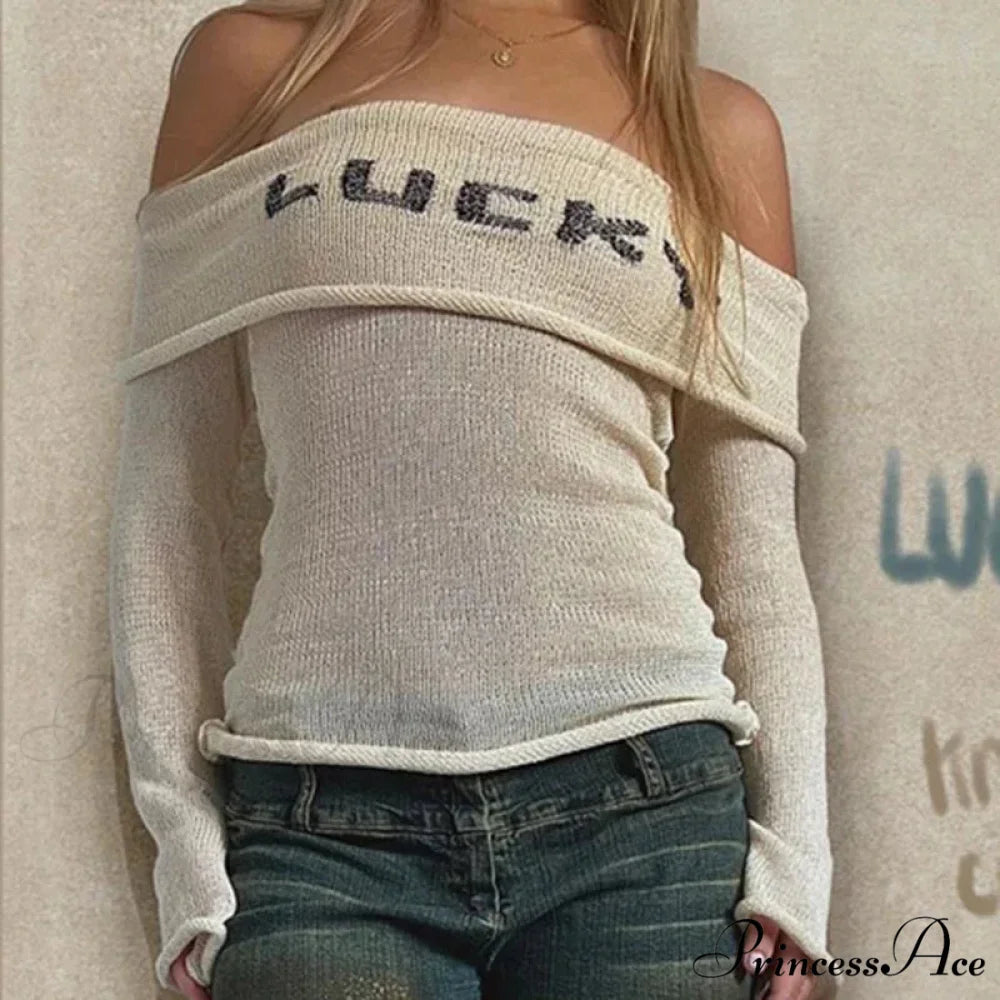 Y2k Vintage Bowtie Design Off - Shoulder Jumper Beige / S swraters-241228