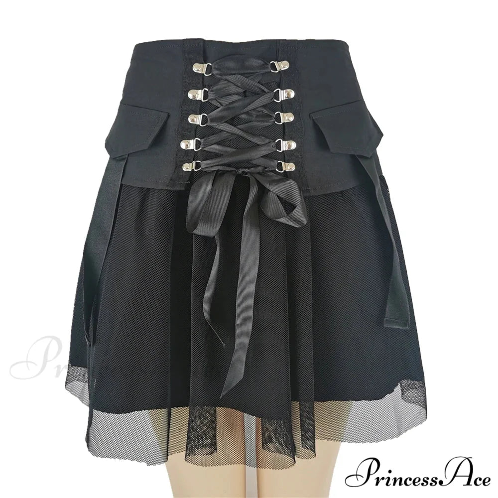 Y2k Vintage Dark Straps Female Style Ladies Harajuku Mesh Summer Streetwear Black Sexy High Waist A-Line Skirt BLACK / S