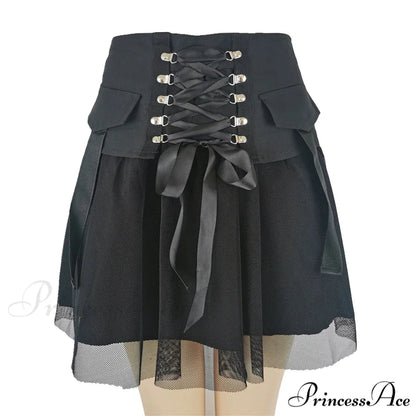 Y2k Vintage Dark Straps Female Style Ladies Harajuku Mesh Summer Streetwear Black Sexy High Waist A-Line Skirt BLACK / S