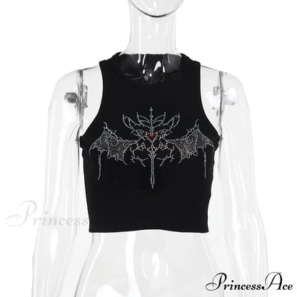 Y2K Vintage Fairy Grunge Rhinestone Graphic Crop Top Black / S