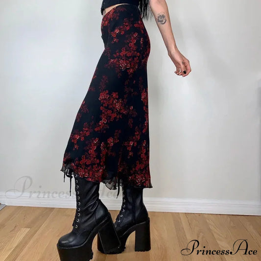 Y2K Vintage Flowered Printed High Waist Flounced Women’s Long Skirt skirt-250126