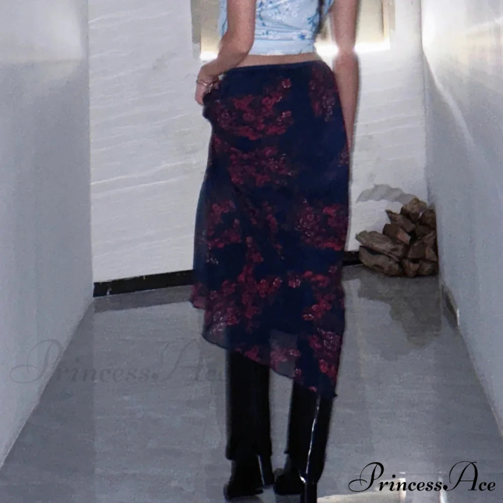 Y2K Vintage Flowered Printed High Waist Flounced Women’s Long Skirt skirt-250126