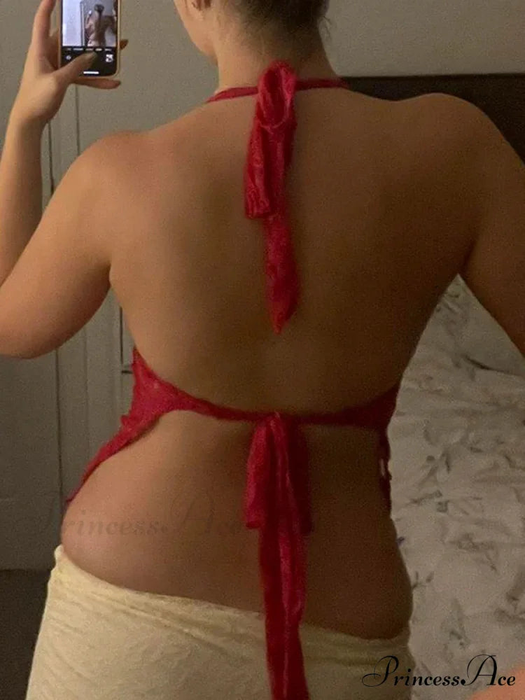 Y2K Vintage Lace Transparent Mesh Open-Back Bandage Halter Crop Top croptop-250126