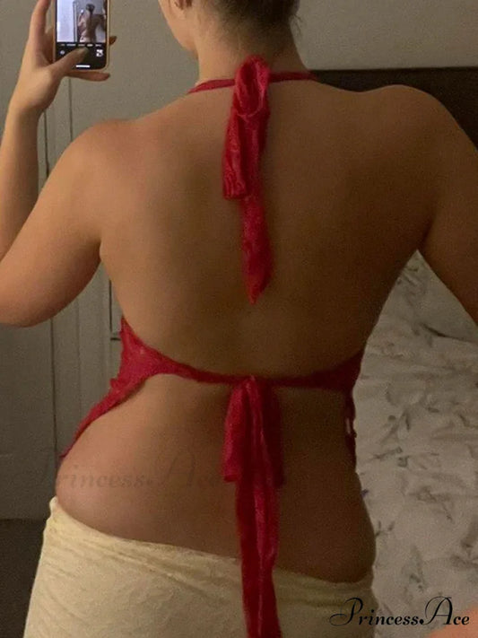 Y2K Vintage Lace Transparent Mesh Open-Back Bandage Halter Crop Top croptop-250126