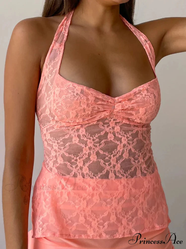 Y2K Vintage Lace Transparent Mesh Open-Back Bandage Halter Crop Top Orange / S croptop-250126