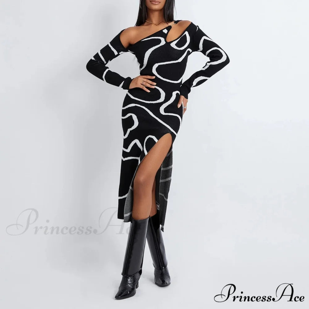 Y2k Women Off Shoulder Long Sleeve Asymmetric Bodycon Split Midi Going Out Vintage Streetwear Cut Out Dress