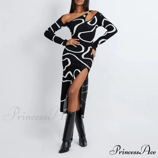 Y2k Women Off Shoulder Long Sleeve Asymmetric Bodycon Split Midi Going Out Vintage Streetwear Cut Out Dress