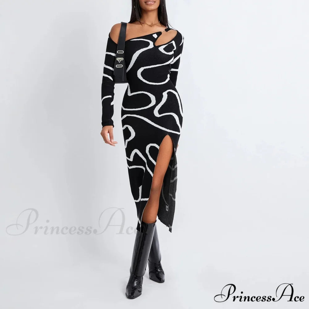 Y2k Women Off Shoulder Long Sleeve Asymmetric Bodycon Split Midi Going Out Vintage Streetwear Cut Out Dress