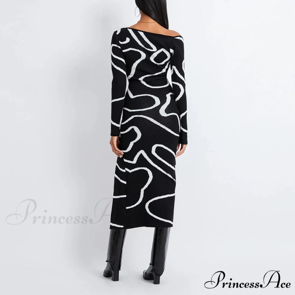 Y2k Women Off Shoulder Long Sleeve Asymmetric Bodycon Split Midi Going Out Vintage Streetwear Cut Out Dress