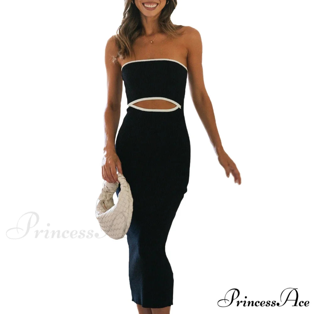 Y2k Women Rib Knit Tube Strapless Bodycon Long Summer Beach Club Bandeau Streetwear Cut Out Dress Black / S