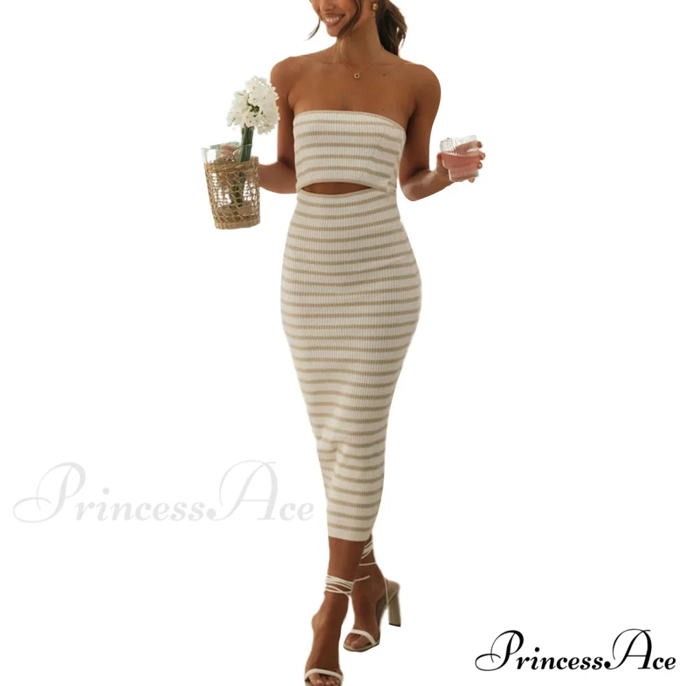 Y2k Women Rib Knit Tube Strapless Bodycon Long Summer Beach Club Bandeau Streetwear Cut Out Dress Light Brown Striped