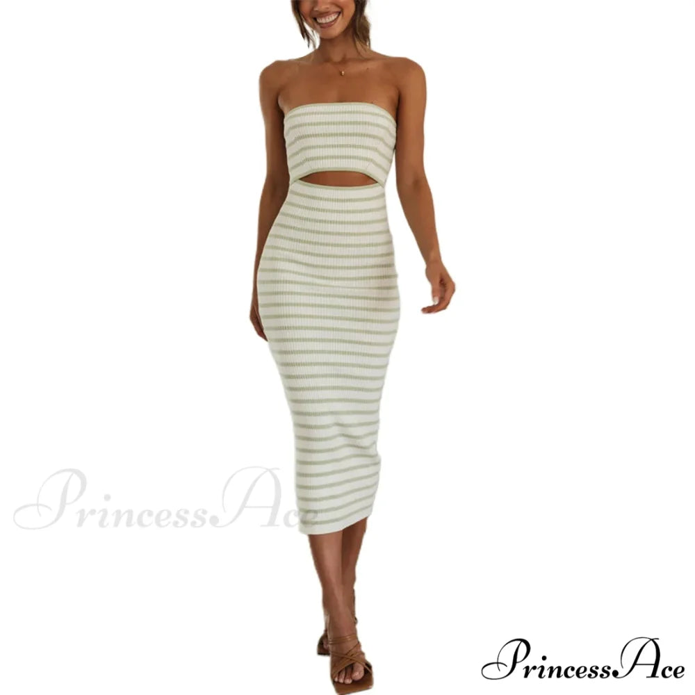 Y2k Women Rib Knit Tube Strapless Bodycon Long Summer Beach Club Bandeau Streetwear Cut Out Dress Light Green Striped