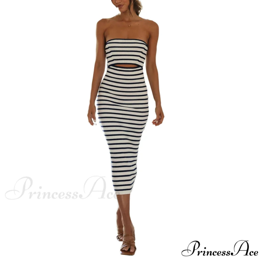 Y2k Women Rib Knit Tube Strapless Bodycon Long Summer Beach Club Bandeau Streetwear Cut Out Dress Navy Blue Striped / S