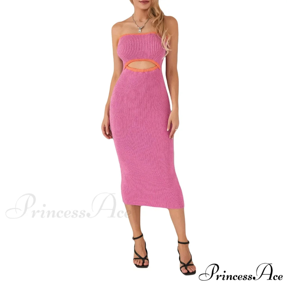 Y2k Women Rib Knit Tube Strapless Bodycon Long Summer Beach Club Bandeau Streetwear Cut Out Dress Rose Red / S