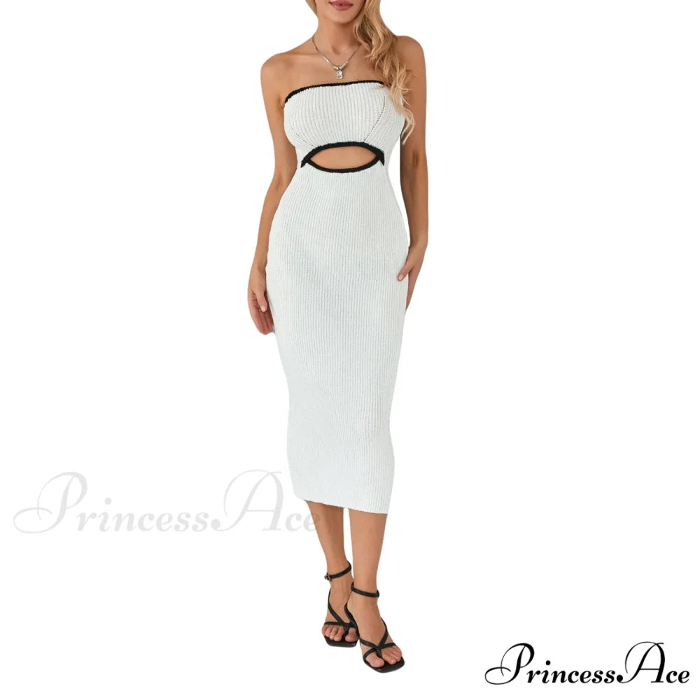 Y2k Women Rib Knit Tube Strapless Bodycon Long Summer Beach Club Bandeau Streetwear Cut Out Dress WHITE / S