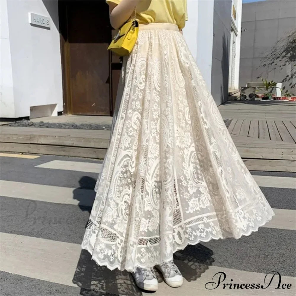 Y2K Women’s Lace Crochet Parasol Maxi Skirt Bohemian Tall Waist APRICOT / One Size skirt-250126