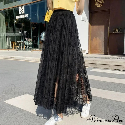 Y2K Women’s Lace Crochet Parasol Maxi Skirt Bohemian Tall Waist Black / One Size skirt-250126