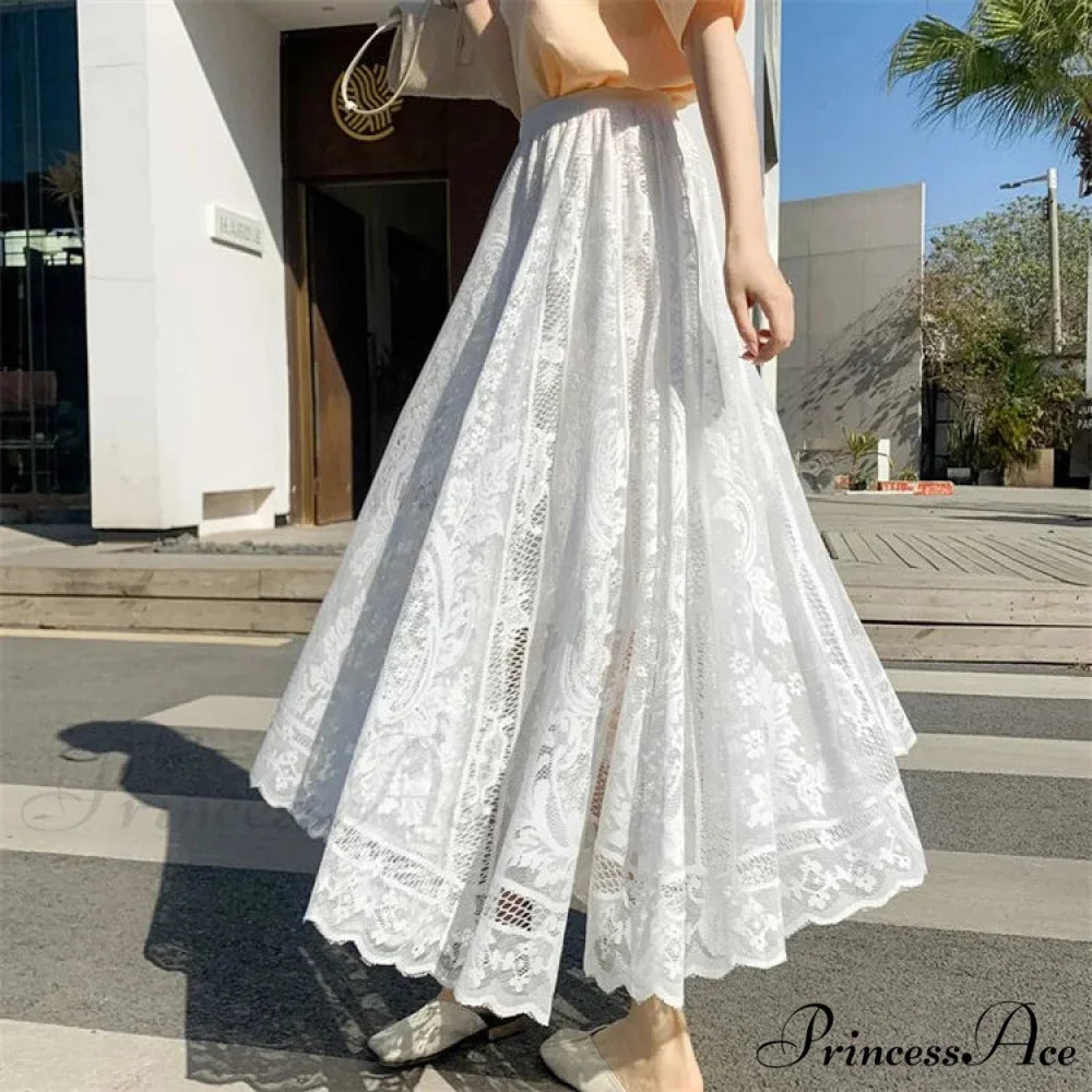 Y2K Women’s Lace Crochet Parasol Maxi Skirt Bohemian Tall Waist WHITE / One Size skirt-250126